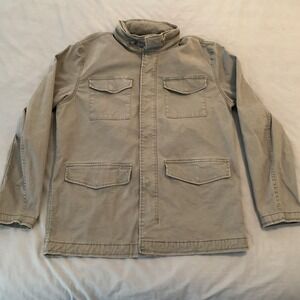 Green Canvas Field Military Type Jacket Men's Medium Hooded Zip Collar Pockets